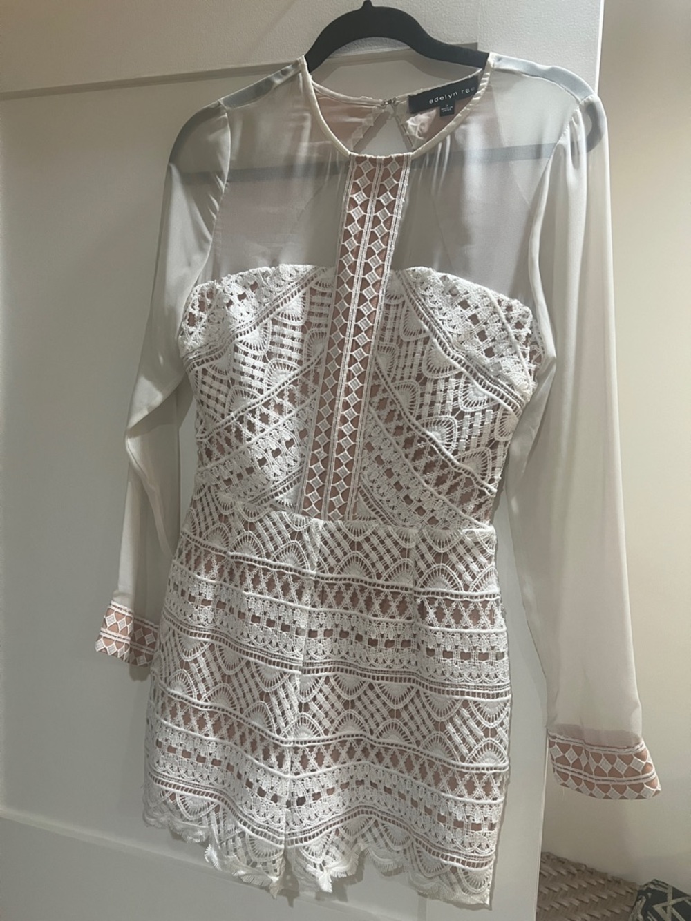 Adelyn Rae Cream Lace Romper with Sheer Long Sleeves